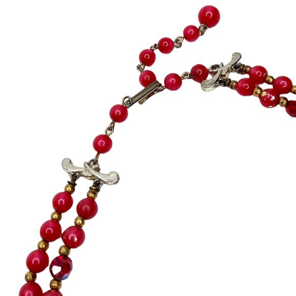 60's Vintage Red Beaded Necklace Multi Strand Gold Glitter Pearls Plastic - Picture 3 of 3